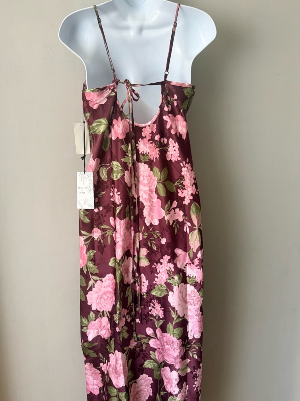 Beauty & Grace Floral Satin Slip Maxi Dress - Pink Rose on Burgundy NWT - Picture 3 of 5